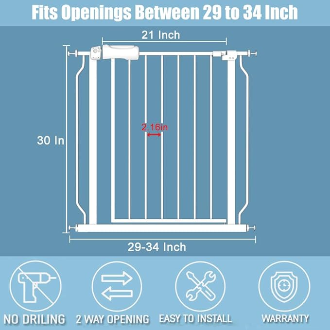 29-34 Inch Wide Baby Gate for Stairs Dog Gate Indoor Pressure Mounted No Drill Safety Child Gates for Kids or Pets Auto Close Pet Gates White