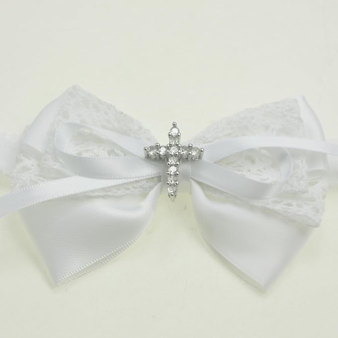 Nihao Baby White Cotton Lace and Satin Bow Baptism Headband with Cross (6 months-2 years old)