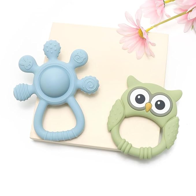 Baby Teether and Rattle Toy Set, BPA-Free, Food-Grade Silicone, Easy-Grip Teething Rattle for Babies, Soothing Teething Toy, Infant Sensory Toy for 3-24 Months (Owl)