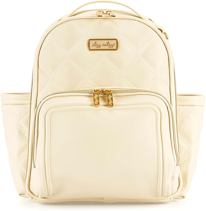 Itzy Ritzy Mini Diaper Bag Backpack – Chic, Compact Mini Plus Backpack with Changing Pad, 10 Pockets (6 Internal, 4 External), Grab-Top Handle & Rubber Feet (Milk & Honey)
