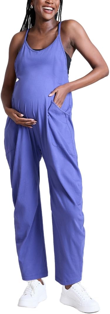 Motherhood Maternity womens Casual Baggy Sleeveless V-neck Pregnancy Romper Jumpsuit With Loose Spaghetti Straps and Pockets