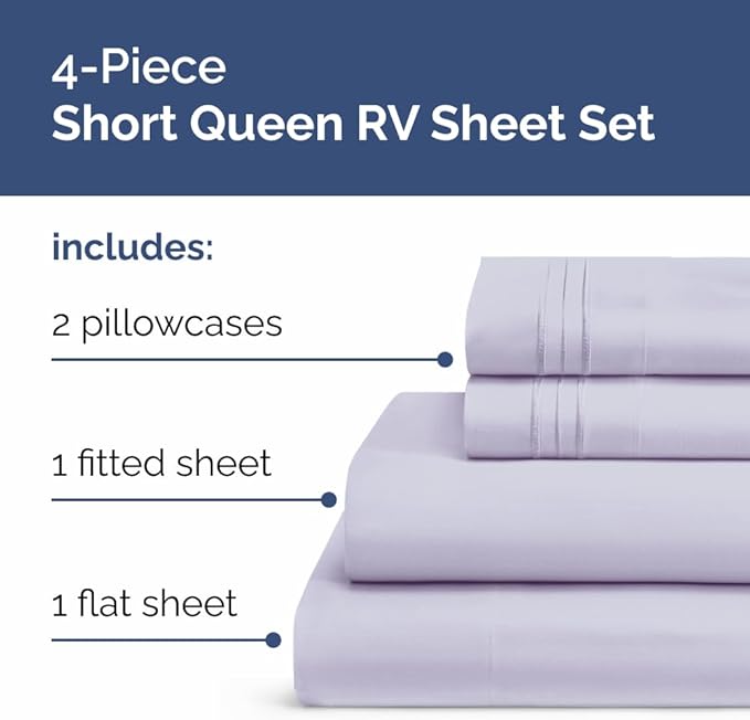 RV Short Queen Sheet Set 60 X 75 - 4 Piece RV Short Queen Bed Sheets - Soft, Breathable & Cooling - Designed for Bunks, Trailers & Campers - Fits 8” to 12" Mattress - Luxury Bedding - Light Lavender