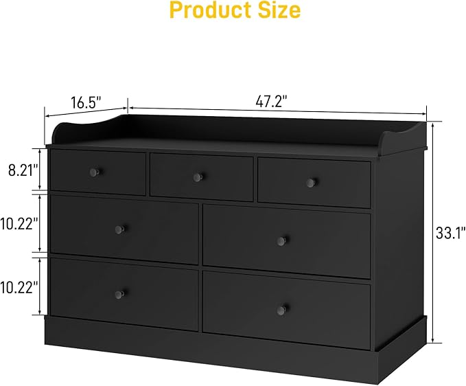 Vabches Kids Dresser Cabinet with 7 Drawers, Changing Table for Nursery, White Chest of Drawers, Baby Dresser, Kids Bedroom Furniture, Nightstand for Child’s Room, Black