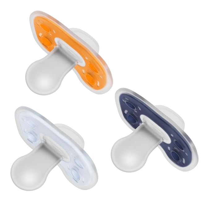 Dr. Brown's Advantage One-Piece Silicone Baby Pacifier, Fully Symmetrical Soother, Dark Blue/Light Blue/Orange, 6-18m, BPA Free, 3 Pack