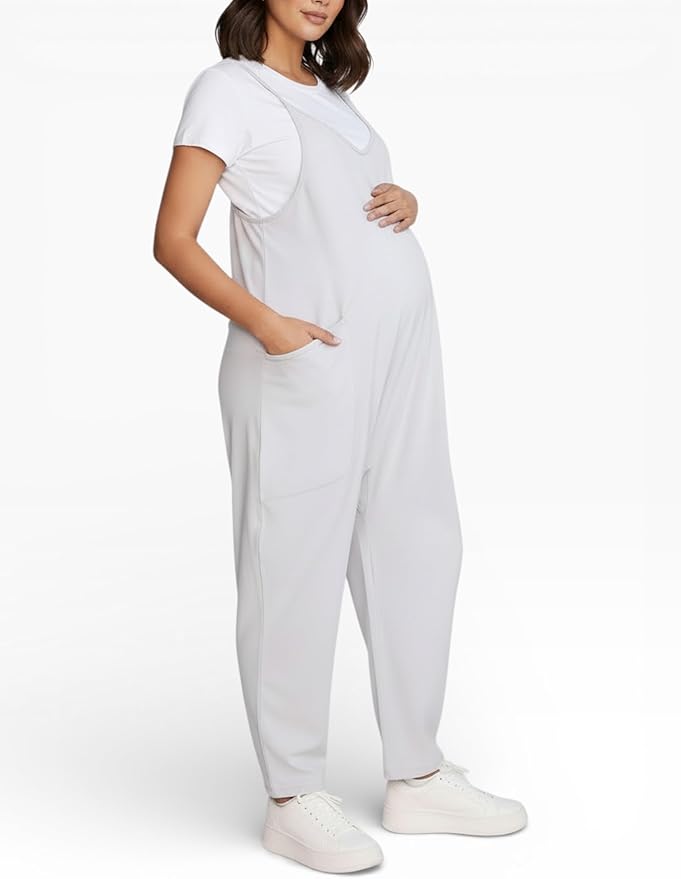 Motherhood Maternity womens Casual Baggy Sleeveless V-neck Pregnancy Romper Jumpsuit With Loose Spaghetti Straps and Pockets