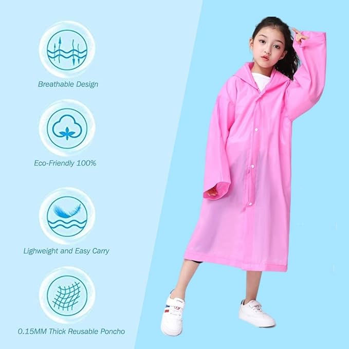 Raincoat Rain Poncho for Kids, 2-5 Pack Reusable EVA Rain Coats for 6-14 Boys Girls, Rain Jackets Gear with Hood