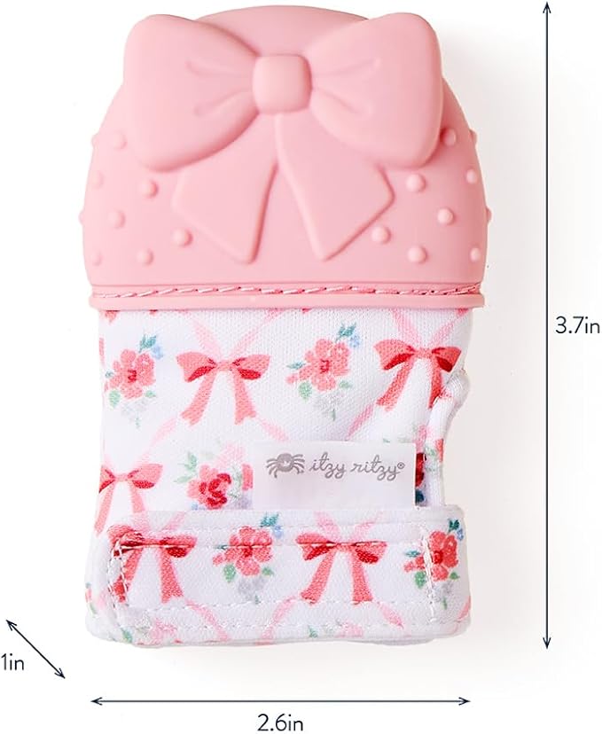 Itzy Ritzy Silicone Teething Mitt - Soothing Infant Teething Mitten with Adjustable Strap, Crinkle Sound & Textured Silicone to Soothe Sore & Swollen Gums - for Ages 3 Months & Up (Bow)