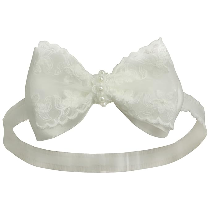 White Baby Bow Headband for Baptism Christening Satin Lace Hair Band with Cross for Toddler (Embroidery Lace +pearl white bow-3, 0-6 months)