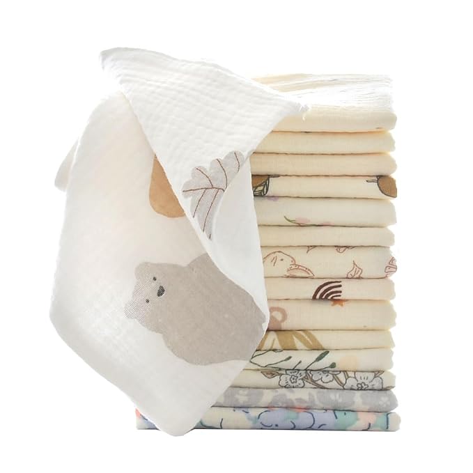 MUKIN Baby Washcloths, Natural Cotton Face Towels, 15 Pack, 10x10 inches