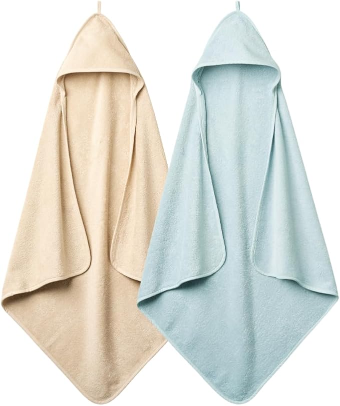 Baby Hooded Towel – Organic Cotton Baby Bath Towels, 32" x 32" Super-Soft and Absorbent Baby Towels for Newborn 2-Pack (Fog/Baby Blue)