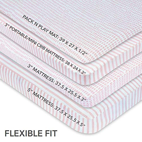 Ely’s & Co. Waterproof Pack and Play/Mini Crib Sheets – All-in-One Mattress Protector and Fitted Playard Sheets – Jersey Cotton – Mauve Pink Splash & Stripes, Baby Girl Nursery Bedding – 2-Pack