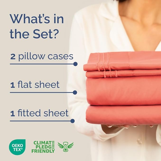 Full XL Bed Sheet Set - 4 Piece Extra Long Extended Full XL Sheets - Soft, Breathable & Cooling - Fits 8" to 16" Mattress with Deep Pockets - 54" x 80" - Easy-Fit, Wrinkle and Fade Resistant - Coral