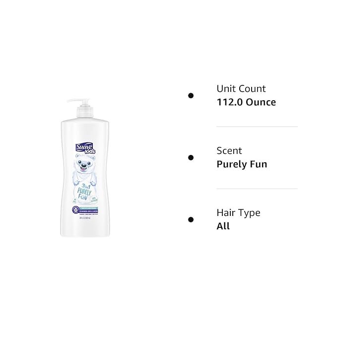 Suave Kids 3-in-1 Shampoo Conditioner Body Wash Purely Fun Makes Bath Time Quick and Easy, Paraben Free and Dermatologist Tested Kids Shampoo 3 in 1 Formula 28 Fl Oz (Pack of 4)
