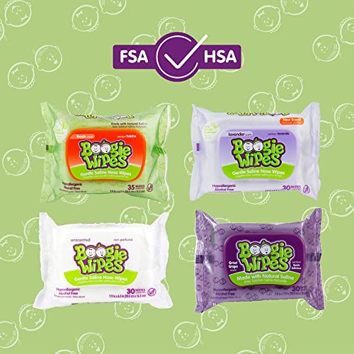 Saline Nose Wipes by Boogie, for Baby & Kids, Face, Hand & Body, FSA/HSA Eligible, Made with Vitamin E, Aloe, and Natural Saline, Lavender Scent, 45 Count (Pack of 1)