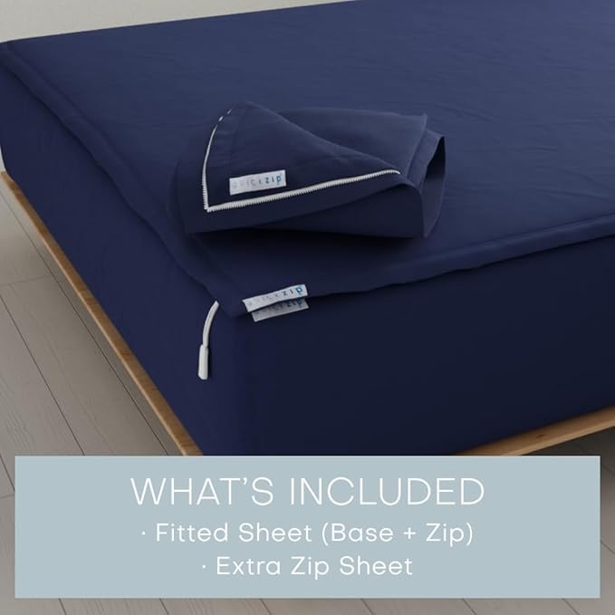 QuickZip Fitted Plus Spare Bundle: 1 Fitted Sheet (Base + Zip Sheet) & 1 Zip Sheet - Easy to Change, Won’t Pop Off - Soft Percale 400 TC 100% Cotton – 17.5” Deep Pockets King Size Sheets – Deep Navy