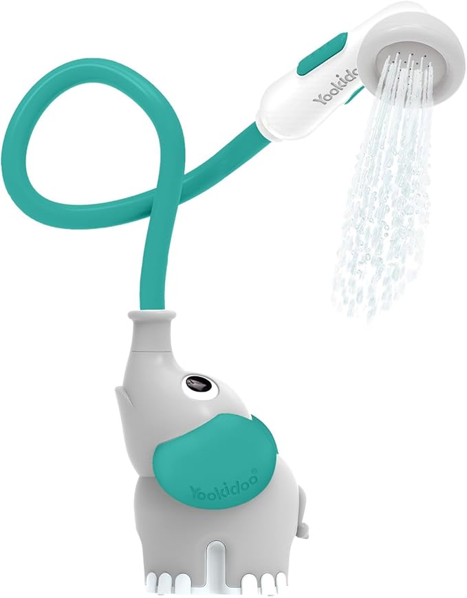 Yookidoo Baby Bath Shower Head – Elephant Water Pump with Trunk Spout Sprayer & Rinser, Dual Knob Flow Control, Bath Time Essential for Newborns, Tub or Sink (Forest Green)
