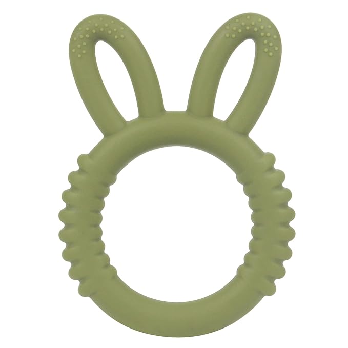 Silicone Babies Teethers Baby Teething Toys for Soothe Massage Sore Gums for 3-12 Months Infants, BPA Free, Easter Gifts for Boys and Girls, Ring Shape Rabbit Ear Design (Army Green)