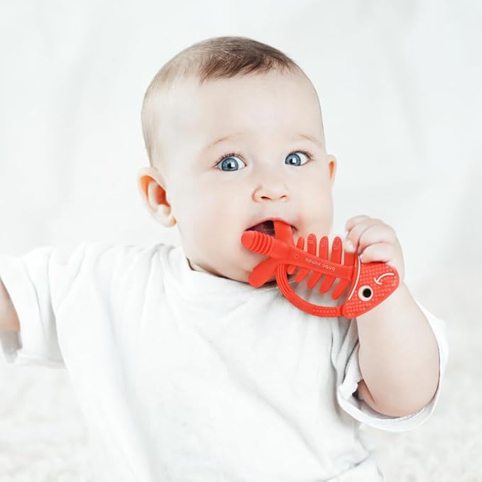 3 in 1 Infant Toys, Baby Teething Toys 3–6 6–12 Months, Teethers for Babies 0–3–6–12 Months for Teething Relief, Baby Gift, Baby Teether Toys, Silicone Sensory Toys, USA Patent Pending, Fish (Coral)