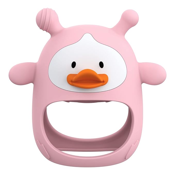 Never Drop Silicone Baby Teether, Hand Pacifier for Sucking Babies 0-6 Months, Soothing Pain Relief, Best Chew Toy for Teething, Mitten for New Born - Pink