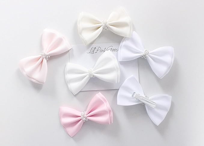 0-12 Newborn Baby Baptism Pearl Headband or Clip with Bow in WHITE Christening Headband with Satin Bow, Pearl Rhinestone Band (Light Pink Clip, 1 Count (Pack of 1))