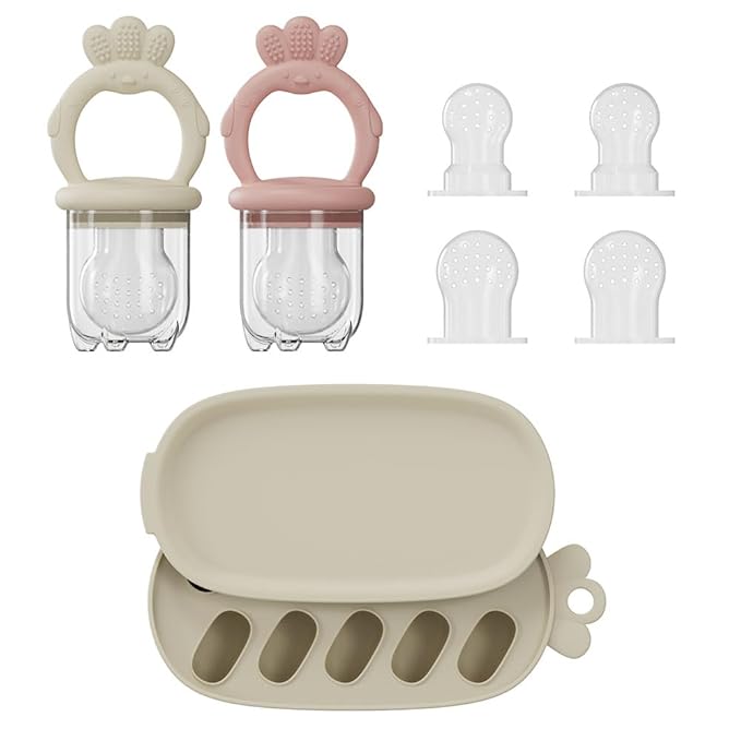 2 Pcs Baby Food Fruit Feeder with Freezer Tray Breastmilk Popsicle Molds Silicone Fruit Feeder for Self Feeding Teething Relief (Pink+Yellow)