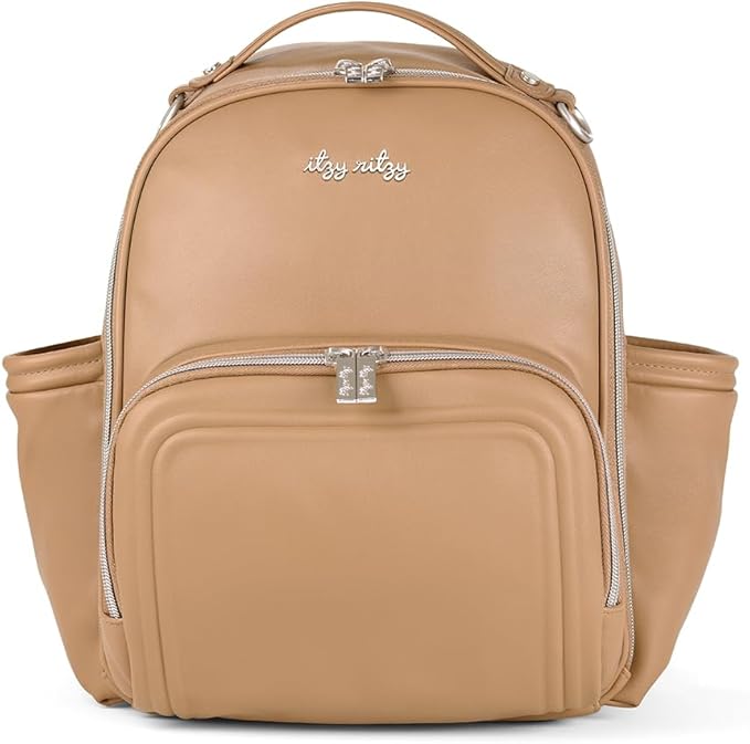 Itzy Ritzy Mini Diaper Bag Backpack – Chic, Compact Mini Plus Backpack with Changing Pad, 10 Pockets (6 Internal, 4 External), Grab-Top Handle & Rubber Feet (Chai)