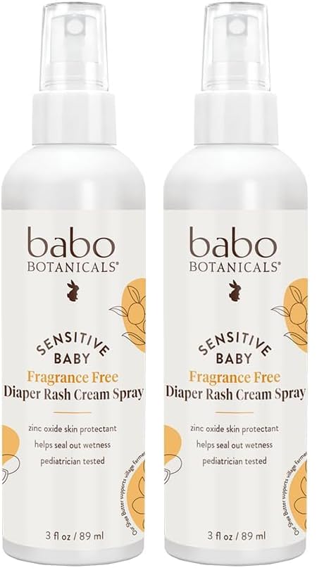 Babo Botanicals Sensitive Baby Fragrance-Free Diaper Rash Cream Spray - No touch,mess-free application - 14.9% Zinc Oxide - Shea Butter,Olive Oil & Aloe Vera - For Babies – 3fl.oz.,(Pack of 2)