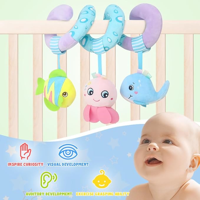 Caterbee Baby Stroller Toy, Activity Spiral Plush bar Toy Accessories, Car Seat Toys with Bell for boy or Girl 0 Months+ (Ocean)