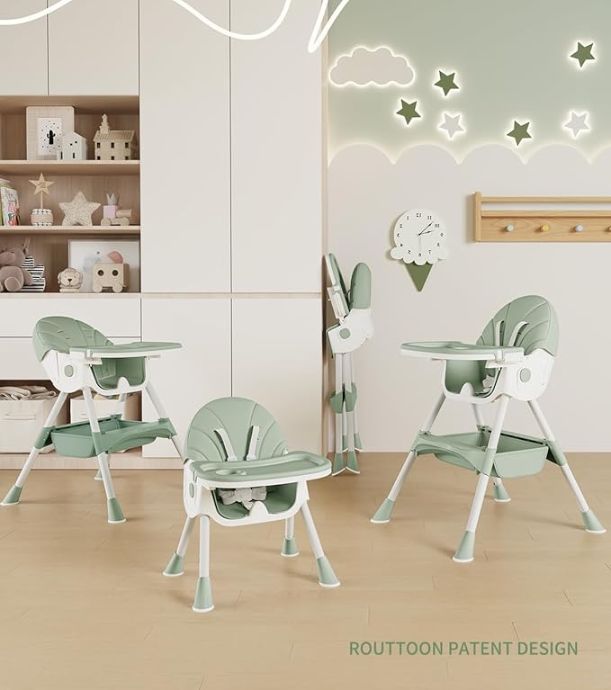 Baby High Chair, 5 in 1 High Chairs for Babies and Toddlers, Travel Foldable High Chair with Foot Rest, Detachable PU Cushion, Double Removable Tray, Adjustable Height & Recline