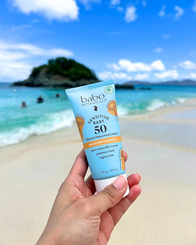Babo Botanicals Sensitive Baby Mineral Sunscreen Lotion SPF50, Natural Zinc Oxide, Face & Body, Fragrance-Free, Water Resistant, EWG Verified, Vegan, Extra Sensitive Skin, For Babies/Kids (Pack of 2)