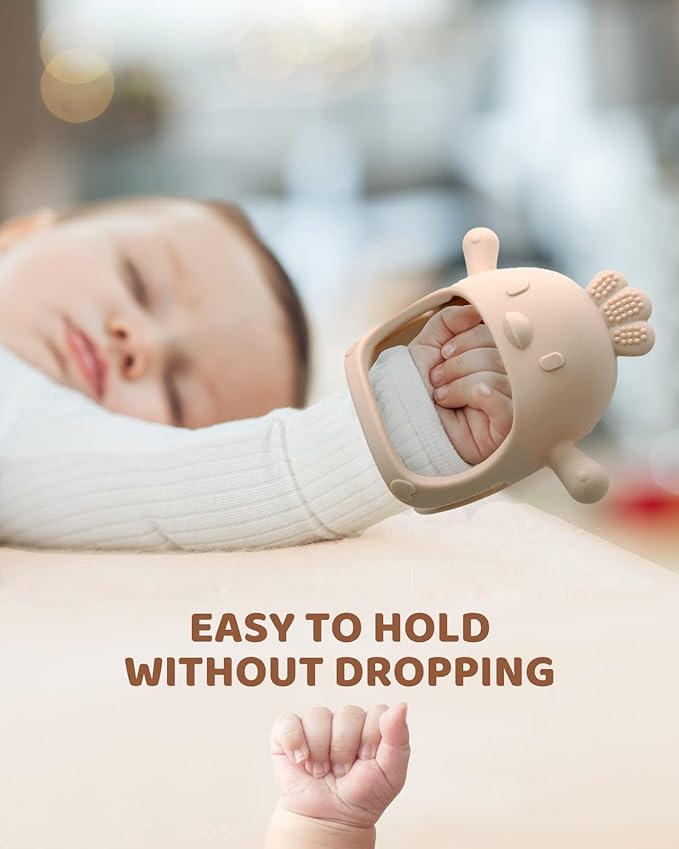 2 Pack Baby Teething Toy Silicone Teething Mitten for Babies Over 3 Months Anti Dropping Wrist Hand Teethers Baby Chew Toys for Sucking Needs, BPA Free (Ginger & Caramel)