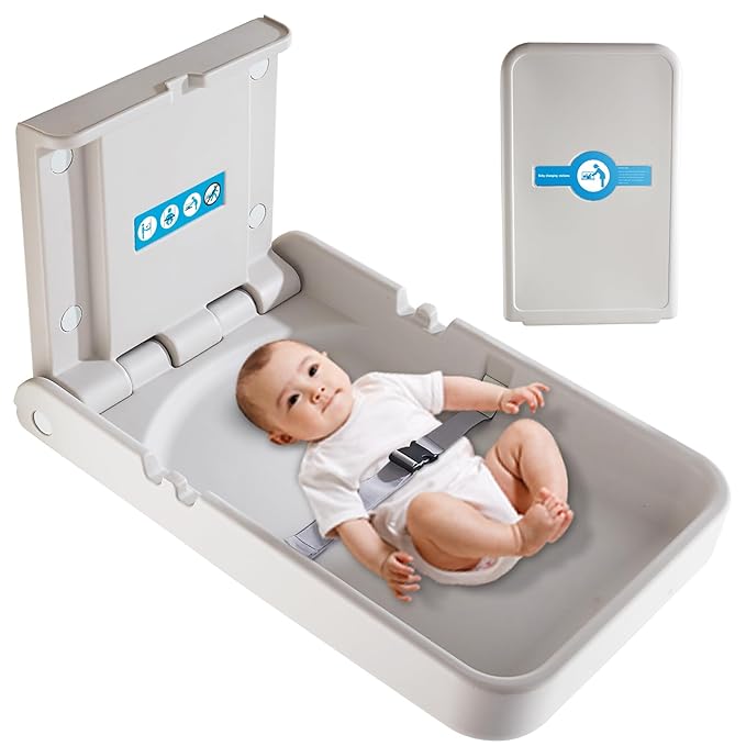 Baby Changing Tables Fold-Down Baby Changing Station Wall-Mounted Vertical Portable Diaper Table Changing Unit Commercial Bathrooms Corner Nursery White Gray