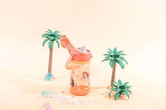Zak Designs Disney Princess Beacon Kid Water Bottle for Travel, 12oz Plastic is Durable and Leak-Proof with Liquid Lock Spout, Carry Handle, Protective Base (Ariel, Cinderella, Moana, Rapunzel, Tiana)
