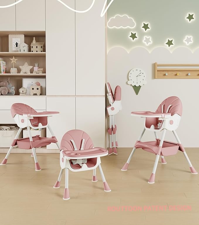 Baby High Chair, 5 in 1 High Chairs for Babies and Toddlers, Travel Foldable High Chair with Foot Rest, Detachable PU Cushion, Double Removable Tray, Adjustable Height & Recline