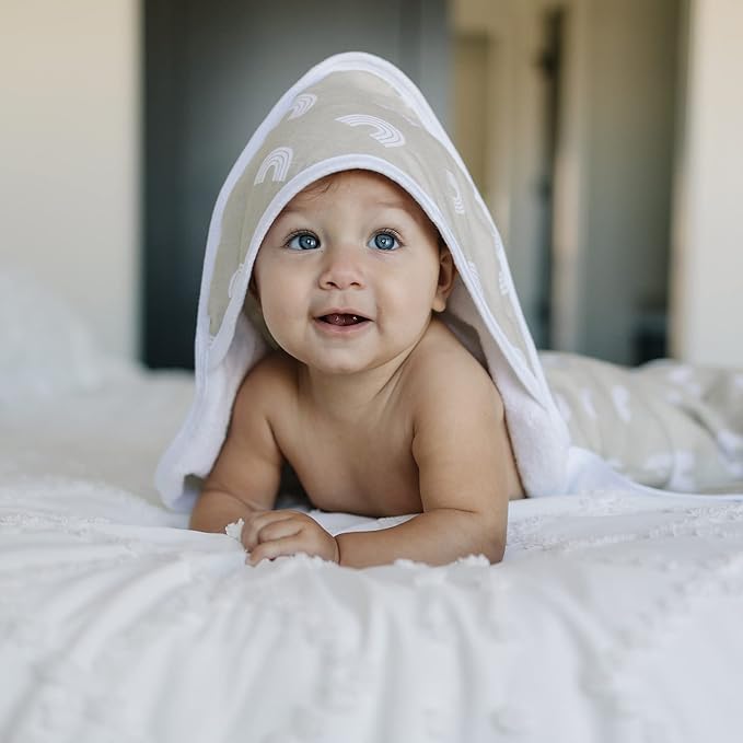Mebie Baby Muslin Hooded Towel, Sand Rainbow, Cute Hooded Baby Bath Towel for Newborn, Infant & Toddler, Modern Baby Towels and Washcloths for Boy & Girl, Floral & Pattern Hooded Baby Towels