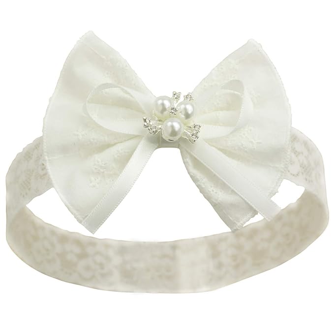 Baby Bow Headband for Baptism Christening Lace Hair Band (0-6 months,A-off white bow with imitation pearl)