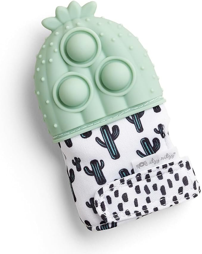 Itzy Ritzy Silicone Teething Mitt - Soothing Infant Teething Mitten with Adjustable Strap, Crinkle Sound & Textured Silicone to Soothe Sore & Swollen Gums - for Ages 3 Months & Up (Cactus)