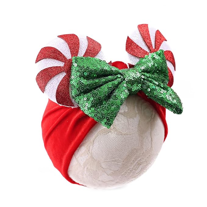 Christmas Mouse Ears Headwrap with Lollipop, Velvet Hair Bow Turban Knotted Headband, Baby Girl Wide Hairband for Newborn Infant Toddler, Party Headwear (christmas headwrap 2)