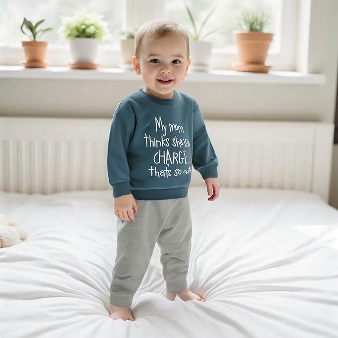 wdehow Toddler Baby Boy 2Pcs Outfits Letters Print Pullover Tops + Drawstring Pants Set Fall Winter Clothes