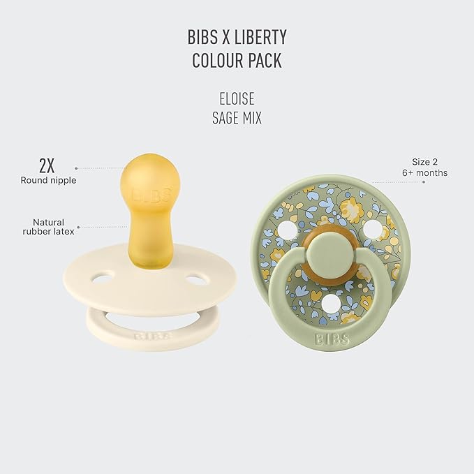 BiBS Liberty Pacifier 2-Pack, BPA Free Pacfiers with Natural Latex Round Nipple, Made in Scandinavia, Size 2 (6-18 Months), Eloise Sage