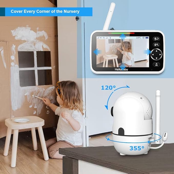 HelloBaby 5" Screen Baby Monitor with 4 Cameras - No WiFi HB6550 Video Baby Monitor, Pan-Tilt-Zoom, 26 Hour Battery, ECO, Night Vision, Temperature Sensor & 2-Way Audio, 8 Lullabies, 1000ft Long Range