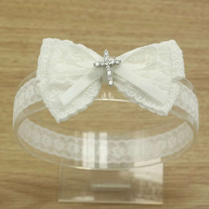 White Baby Bow Headband for Baptism Christening Satin Lace Hair Band with Cross for Toddler (B-white lace headband for baptism, 0-6 months)
