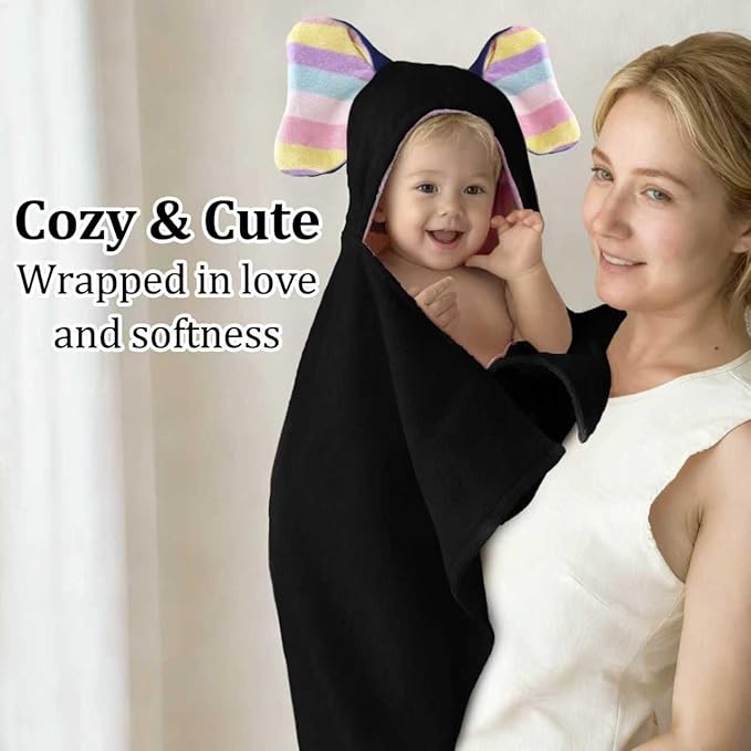VOOVA & MOVAS Luxury Black Baby Hooded Bath Towel - 100% Cotton,500GSM, 33x31.5 Inches,0-2Years, Super Absorbent Large Towel with Cute Elephant Ears Hood for Newborn,Infant, Baby Essentials,Black