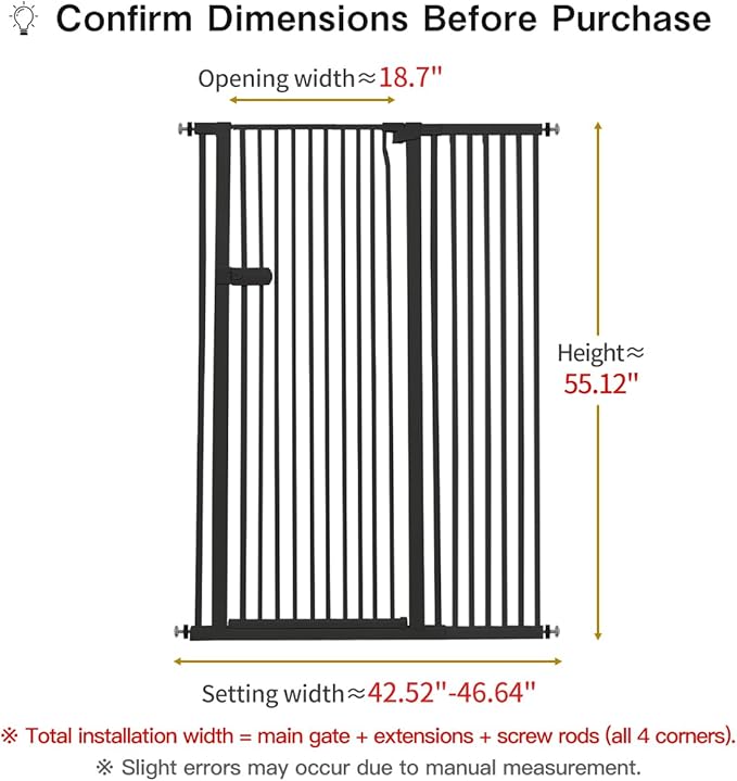 Lumizone Extra Tall Cat Gate 55.12" High Pressure Mounted Extra Wide 2025 New (17 Sizes) 1.37" Gap No Drilling Auto-Close One-Handed Operation Tall Pet Gate for Dogs(Black, 55.12" H x 42.52"-46.64" W)