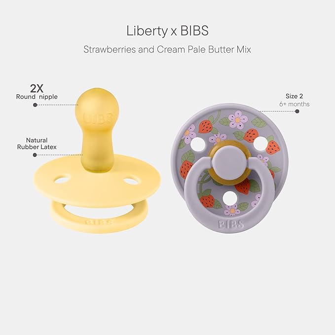 BiBS Liberty Pacifier 2-Pack, BPA Free Pacfiers with Natural Latex Round Nipple, Made in Scandinavia, Size 2 (6-18 Months), Strawberries and Cream Pale Butter Mix