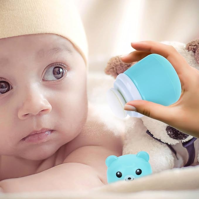 Cartoon Bear Baby Powder Puff Box Infant Talcum Powder Container with Puff Portable Loose Dispenser for Baby Skin Care 3.93X2.75X2.75In