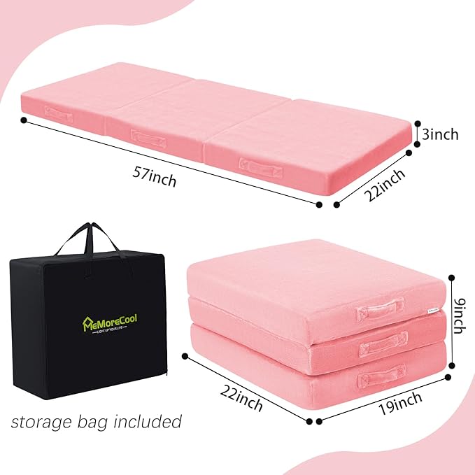 MeMoreCool Foldable Floor Mattress Kids Trifold Mat, Kids Folding Mattress Portable Futon, 57x22 Inch Pink