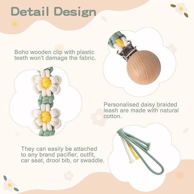 Pacifier Clip for Boys Girls Floral Daisy Macrame Paci Clip Pacifier Holder Leash Boho Wooden Clips Handmade Braided Cotton Unisex Baby Shower Birthday Gift