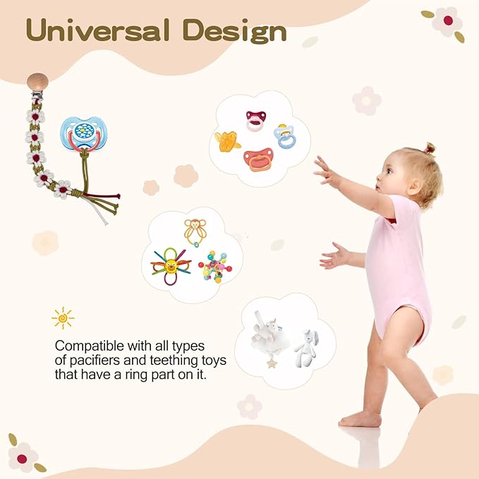 Braided Pacifier Clip for Boys Baby Girls Floral Daisy Macrame Paci Clip Boho Wooden Clips Handmade Cotton Binky Clips Baby Shower Birthday Gift