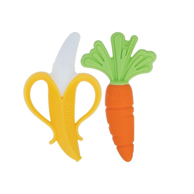Nuby NanaNubs Banana Massaging Toothbrush and Carrot Teether - (2 Pack) Baby Teething Toys for 3+ Months